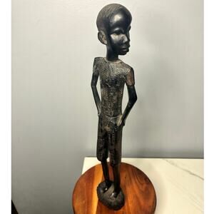 Vintage Hand Carved African Wood Figurine Sculpture on Wooden Base